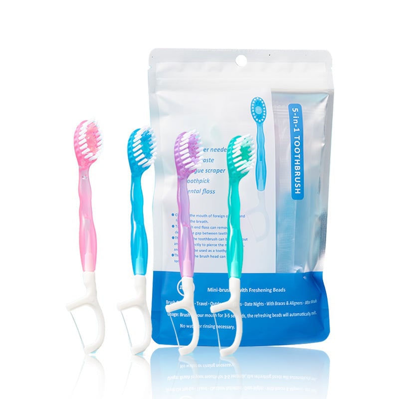 ๐5 in 1 Mini Toothbrush & Floss & Tongue Scraper & Toothpick Set