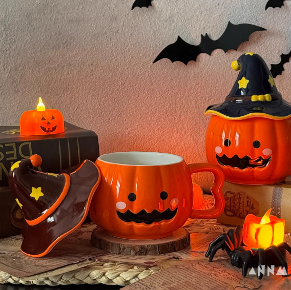 🎃👻Halloween Ceramic Mugs – Pumpkin & Ghost Design with Witch Hat Lid