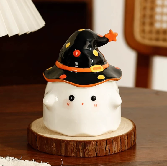 🎃👻Halloween Ceramic Mugs – Pumpkin & Ghost Design with Witch Hat Lid