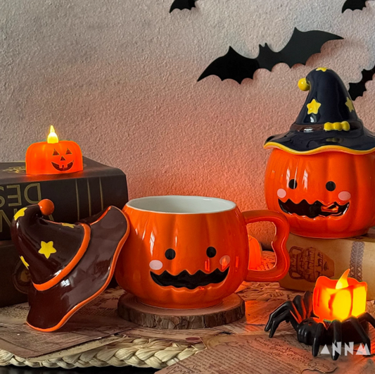 🎃👻Halloween Ceramic Mugs – Pumpkin & Ghost Design with Witch Hat Lid