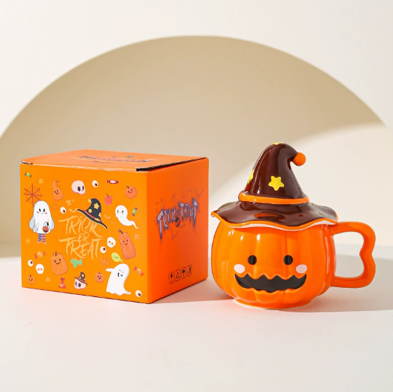 🎃👻Halloween Ceramic Mugs – Pumpkin & Ghost Design with Witch Hat Lid