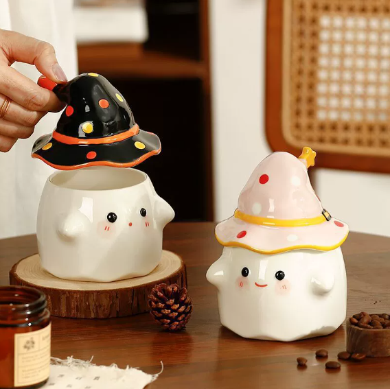 🎃👻Halloween Ceramic Mugs – Pumpkin & Ghost Design with Witch Hat Lid