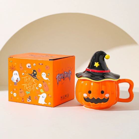 🎃👻Halloween Ceramic Mugs – Pumpkin & Ghost Design with Witch Hat Lid